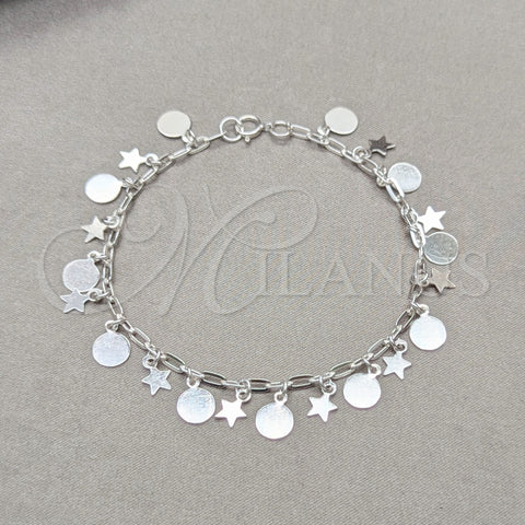 Sterling Silver Charm Bracelet, Star and Paperclip Design, Polished, Silver Finish, 03.409.0119.08 (01 MM Thickness, 8 Inches Length)