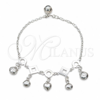 Sterling Silver Charm Bracelet, Shell and Heart Design, Polished, Silver Finish, 03.409.0120.08 (01 MM for wholesale, main product view