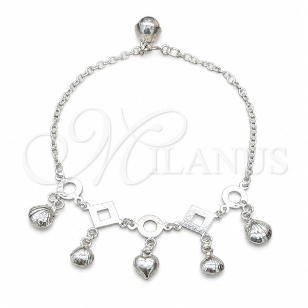 Sterling Silver Charm Bracelet, Shell and Heart Design, Polished, Silver Finish, 03.409.0120.08 (01 MM Thickness, 8 Inches Length)