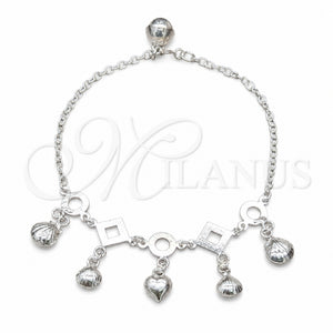 Sterling Silver Charm Bracelet, Shell and Heart Design, Polished, Silver Finish, 03.409.0120.08 (01 MM Thickness, 8 Inches Length)