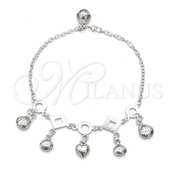 Sterling Silver Charm Bracelet, Shell and Heart Design, Polished, Silver Finish, 03.409.0120.08 (01 MM Thickness, 8 Inches Length)