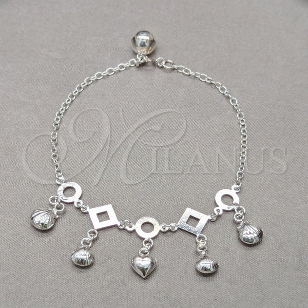 Sterling Silver Charm Bracelet, Shell and Heart Design, Polished, Silver Finish, 03.409.0120.08 (01 MM Thickness, 8 Inches Length)