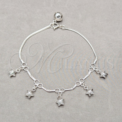 Sterling Silver Charm Bracelet, Star Design, Polished, Silver Finish, 03.409.0121.08 (01 MM Thickness, 8 Inches Length)