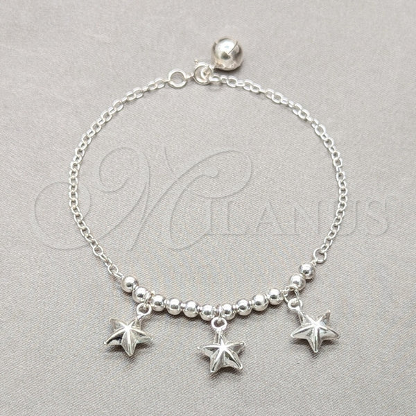 Sterling Silver Bracelet — Charm Bracelet Star and Ball Design Polished 03. — main product view — SKU 158025 | Plata 925 brazalete — Charm Bracelet estrella and Ball diseño pulido 03. — SKU 158025