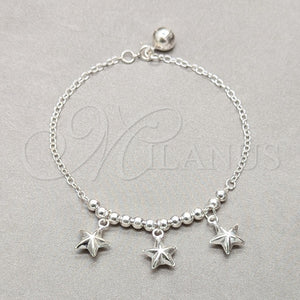 Sterling Silver Bracelet — Charm Bracelet Star and Ball Design Polished 03. — main product view — SKU 158025 | Plata 925 brazalete — Charm Bracelet estrella and Ball diseño pulido 03. — SKU 158025