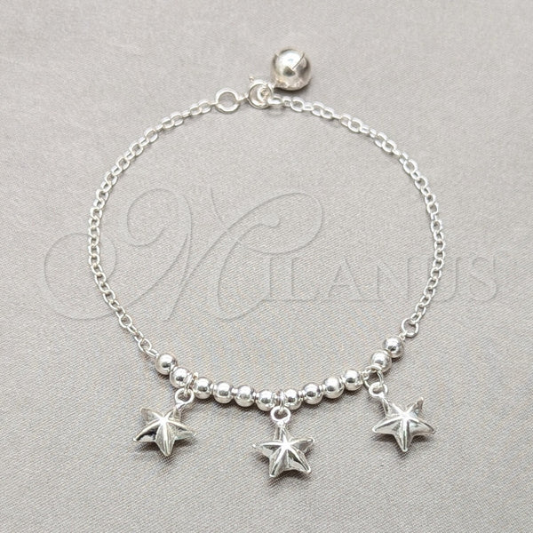 Sterling Silver Charm Bracelet, Star and Ball Design, Polished, Silver Finish, 03.409.0122.08 (01 MM Thickness, 8 Inches Length)