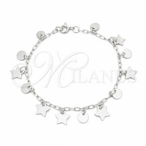 Sterling Silver Charm Bracelet, Star Design, Polished, Silver Finish, 03.409.0124.07 (01 MM Thickness, 7 Inches Length)