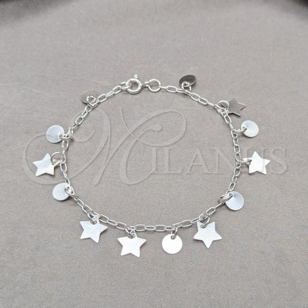 Sterling Silver Charm Bracelet, Star Design, Polished, Silver Finish, 03.409.0124.07 (01 MM Thickness, 7 Inches Length)