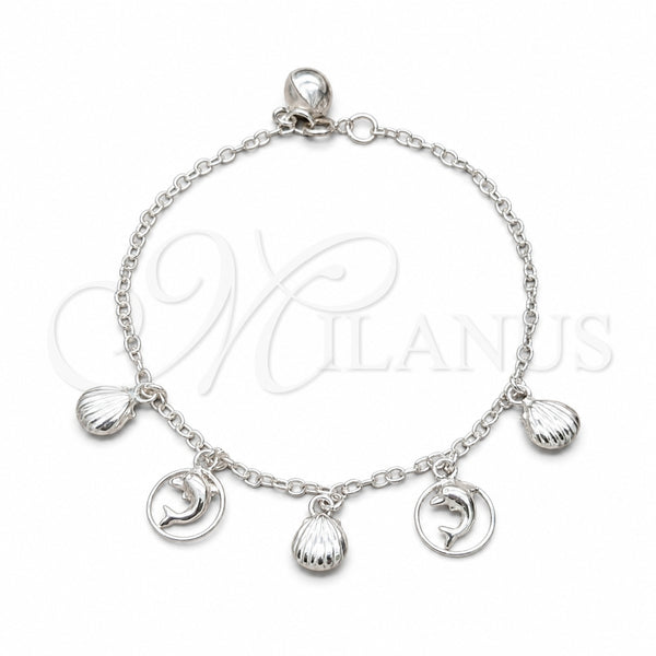 Sterling Silver Charm Bracelet, Shell and Dolphin Design, Polished, Silver Finish, 03.409.0125.07 (01 MM Thickness, 7 Inches Length)