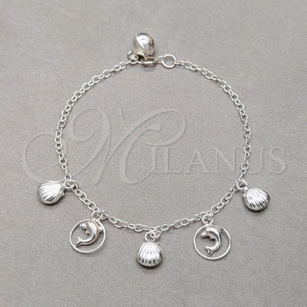Sterling Silver Charm Bracelet, Shell and Dolphin Design, Polished, Silver Finish, 03.409.0125.07 (01 MM Thickness, 7 Inches Length)