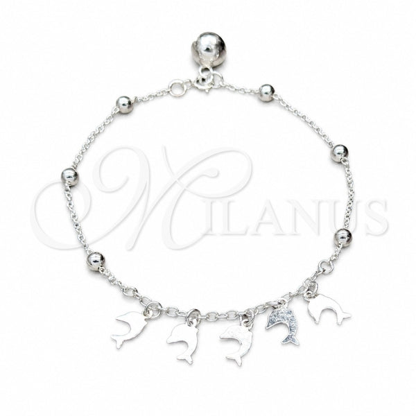 Sterling Silver Charm Bracelet, Dolphin and Ball Design, Polished, Silver Finish, 03.409.0126.07 (01 MM Thickness, 7 Inches Length)