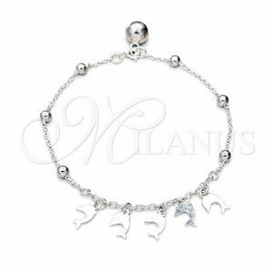 Sterling Silver Charm Bracelet, Dolphin and Ball Design, Polished, Silver Finish, 03.409.0126.07 (01 MM Thickness, 7 Inches Length)