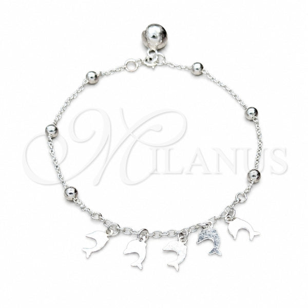 Sterling Silver Charm Bracelet, Dolphin and Ball Design, Polished, Silver Finish, 03.409.0126.07 (01 MM Thickness, 7 Inches Length)