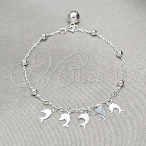 Sterling Silver Charm Bracelet, Dolphin and Ball Design, Polished, Silver Finish, 03.409.0126.07 (01 MM Thickness, 7 Inches Length)