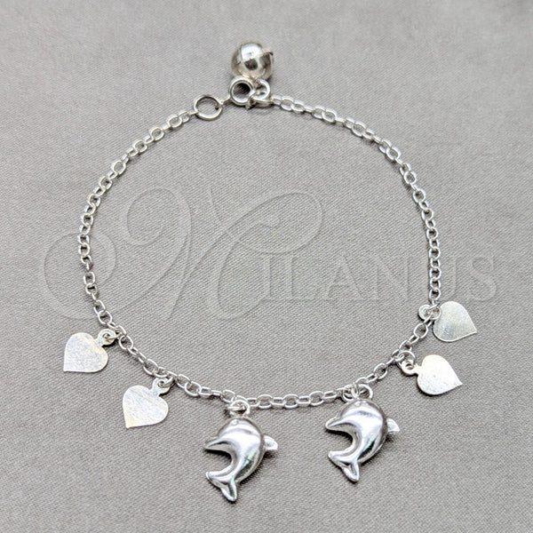 Sterling Silver Charm Bracelet, Dolphin and Heart Design, Polished, Silver Finish, 03.409.0127.07 (01 MM Thickness, 7 Inches Length)