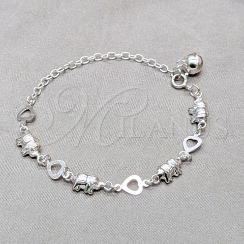 Sterling Silver Charm Bracelet, Heart and Elephant Design, Polished, Silver Finish, 03.409.0128.07 (01 MM Thickness, 7 Inches Length)