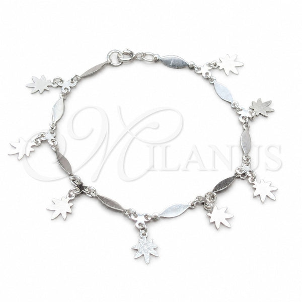 Sterling Silver Charm Bracelet, Flower and Diamond Design, Polished, Silver Finish, 03.409.0130.07 (01 MM Thickness, 7 Inches Length)