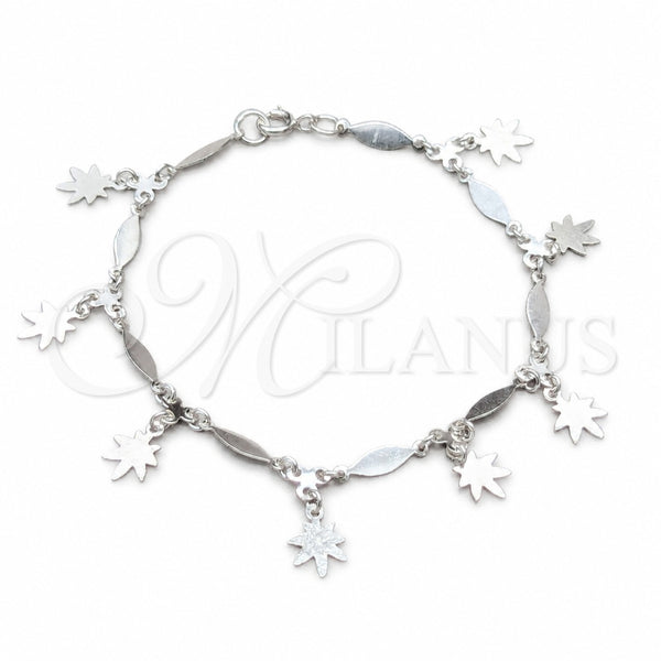Sterling Silver Charm Bracelet, Flower and Diamond Design, Polished, Silver Finish, 03.409.0130.07 (01 MM Thickness, 7 Inches Length)