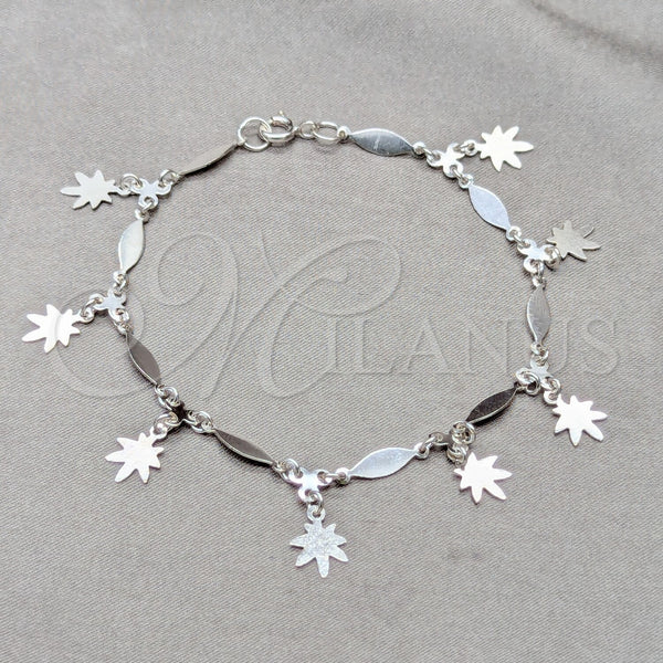 Sterling Silver Charm Bracelet, Flower and Diamond Design, Polished, Silver Finish, 03.409.0130.07 (01 MM Thickness, 7 Inches Length)