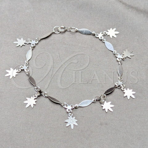 Sterling Silver Charm Bracelet, Flower and Diamond Design, Polished, Silver Finish, 03.409.0130.07 (01 MM Thickness, 7 Inches Length)