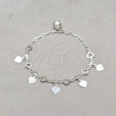 Sterling Silver Charm Bracelet, Heart Design, Polished, Silver Finish, 03.409.0132.07 (01 MM Thickness, 7 Inches Length)