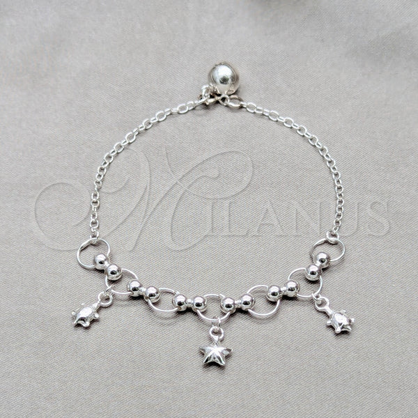 Sterling Silver Charm Bracelet, Ball and Turtle Design, Polished, Silver Finish, 03.409.0134.07 (01 MM Thickness, 7 Inches Length)