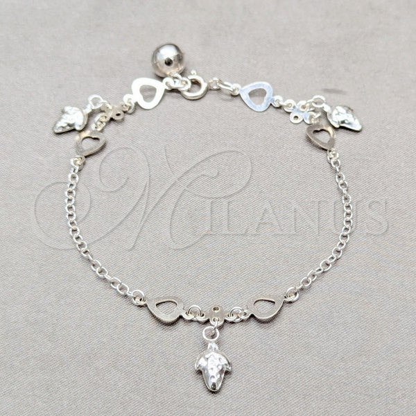 Sterling Silver Charm Bracelet, Heart and Grape Design, Polished, Silver Finish, 03.409.0136.07 (01 MM Thickness, 7 Inches Length)