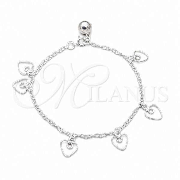 Sterling Silver Charm Bracelet, Heart Design, Polished, Silver Finish, 03.409.0138.07 (01 MM Thickness, 7 Inches Length)