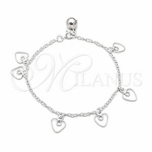 Sterling Silver Charm Bracelet, Heart Design, Polished, Silver Finish, 03.409.0138.07 (01 MM Thickness, 7 Inches Length)
