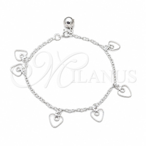 Sterling Silver Charm Bracelet, Heart Design, Polished, Silver Finish, 03.409.0138.07 (01 MM Thickness, 7 Inches Length)