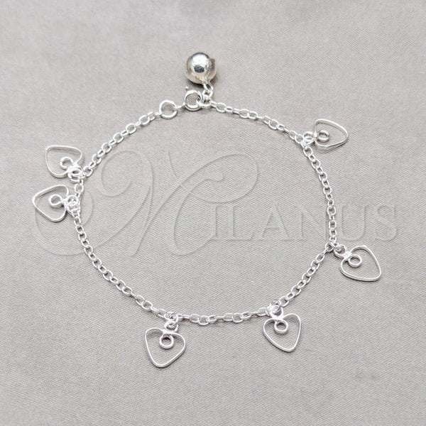 Sterling Silver Charm Bracelet, Heart Design, Polished, Silver Finish, 03.409.0138.07 (01 MM Thickness, 7 Inches Length)
