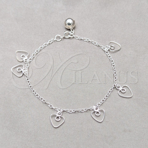 Sterling Silver Charm Bracelet, Heart Design, Polished, Silver Finish, 03.409.0138.07 (01 MM Thickness, 7 Inches Length)