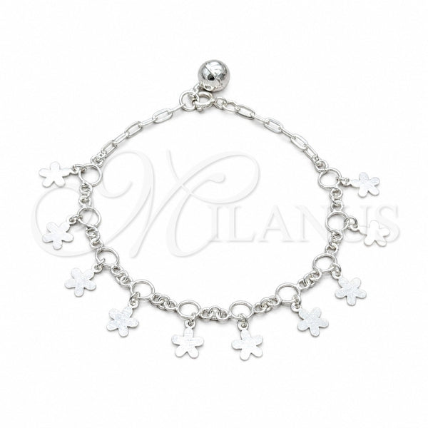 Sterling Silver Charm Bracelet, Flower Design, Polished, Silver Finish, 03.409.0139.07 (01 MM Thickness, 7 Inches Length)