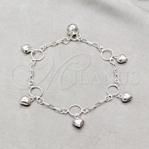 Sterling Silver Charm Bracelet, Heart Design, Polished, Silver Finish, 03.409.0140.07 (01 MM Thickness, 7 Inches Length)