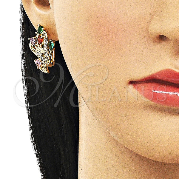 Gold Filled Hoop Earrings — Huggie Hoop Flower and Tree Design with Multicolor — alternate product view — SKU 158097 | Oro Laminado aretes de aro — Huggie Hoop flor and Tree diseño with Multicolor — SKU 158097