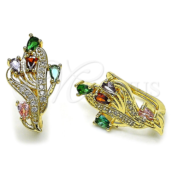 Gold Filled Hoop Earrings — Huggie Hoop Flower and Tree Design with Multicolor — main product view — SKU 158097 | Oro Laminado aretes de aro — Huggie Hoop flor and Tree diseño with Multicolor — SKU 158097