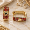 Oro Laminado Huggie Hoop, Gold Filled Style Heart Design, with Garnet Cubic Zirconia, Polished, Golden Finish, 02.210.0889.1.14