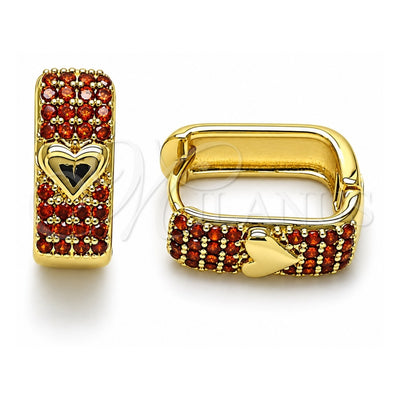 Oro Laminado Huggie Hoop, Gold Filled Style Heart Design, with Garnet Cubic Zirconia, Polished, Golden Finish, 02.210.0889.1.14