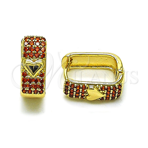 Gold Filled Hoop Earrings — Huggie Hoop Heart Design with Garnet Cubic Zirconia — main product view — SKU 158117 | Oro Laminado aretes de aro — Huggie Hoop corazón diseño with Garnet Cubic Zirconia — SKU 158117