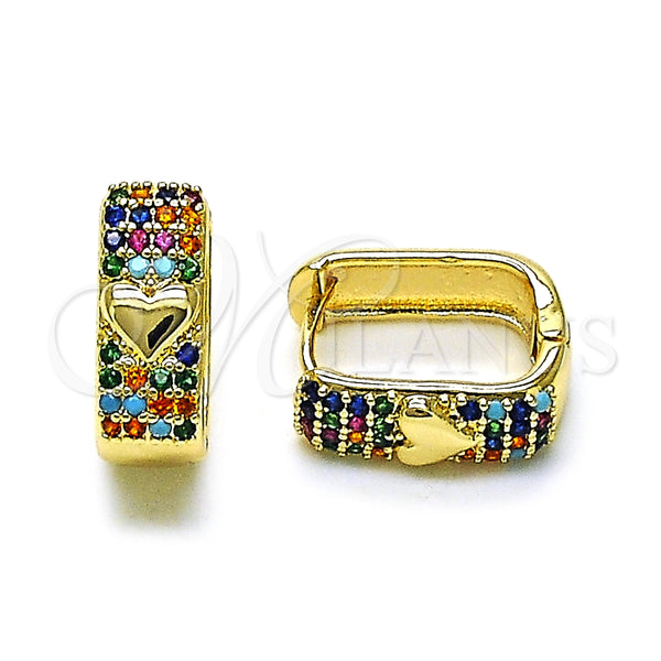 Gold Filled Hoop Earrings — Huggie Hoop Heart Design with Multicolor Cubic Zirconia — main product view — SKU 158119 | Oro Laminado aretes de aro — Huggie Hoop corazón diseño with Multicolor Cubic Zirconia — SKU 158119