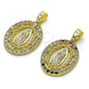Oro Laminado Religious Pendant, Gold Filled Style Guadalupe and Twist Design, with White Cubic Zirconia, Polished, Golden Finish, 05.210.0005