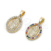 Oro Laminado Religious Pendant, Gold Filled Style Guadalupe Design, with Multicolor Cubic Zirconia, Polished, Golden Finish, 05.210.0007.1