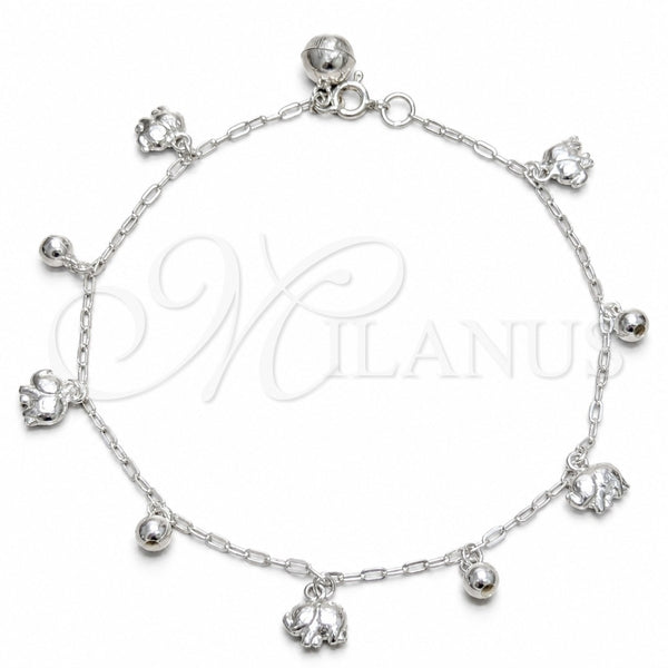 Sterling Silver Charm Anklet , Elephant and Ball Design, Polished, Silver Finish, 03.409.0145.10 (03 MM Thickness, 10 Inches Length)