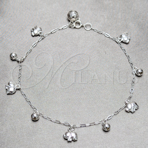 Sterling Silver Charm Anklet , Elephant and Ball Design, Polished, Silver Finish, 03.409.0145.10 (03 MM Thickness, 10 Inches Length)
