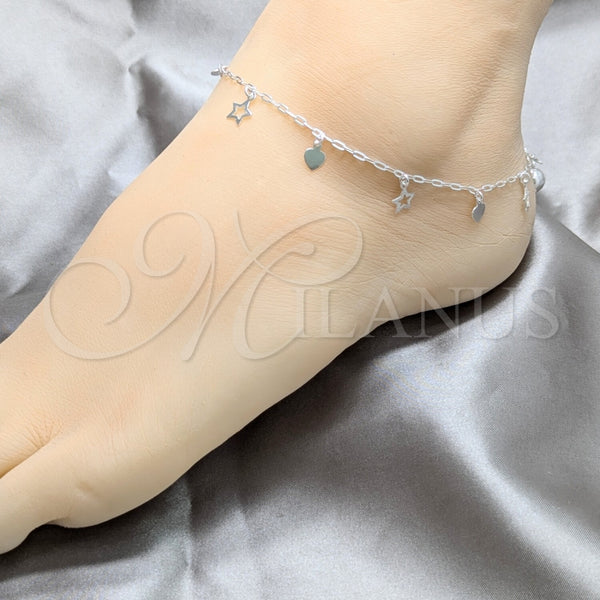 Sterling Silver Charm Anklet , Heart and Star Design, Polished, Silver Finish, 03.409.0146.10 (03 MM Thickness, 10 Inches Length)