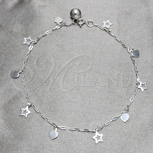 Sterling Silver Anklet — Charm Anklet Heart and Star Design Polished 03. — main product view — SKU 158222 | Plata 925 tobillera — Charm Anklet corazón and estrella diseño pulido 03. — SKU 158222