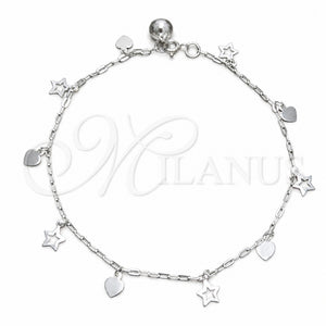 Sterling Silver Charm Anklet , Heart and Star Design, Polished, Silver Finish, 03.409.0146.10 (03 MM Thickness, 10 Inches Length)