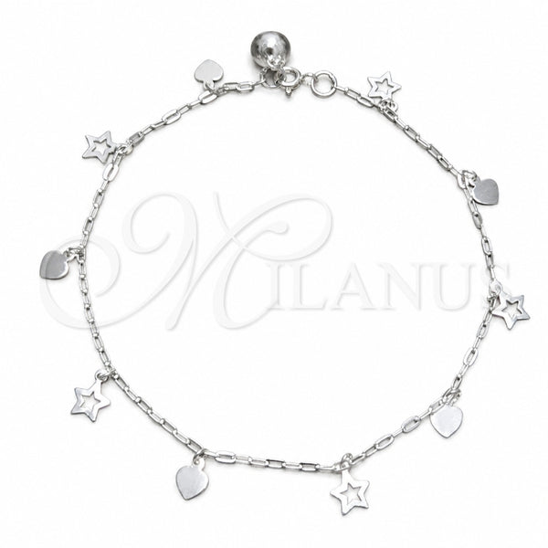 Sterling Silver Charm Anklet , Heart and Star Design, Polished, Silver Finish, 03.409.0146.10 (03 MM Thickness, 10 Inches Length)