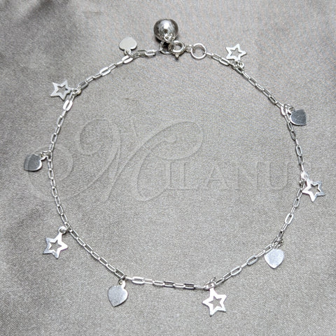 Sterling Silver Charm Anklet , Heart and Star Design, Polished, Silver Finish, 03.409.0146.10 (03 MM Thickness, 10 Inches Length)