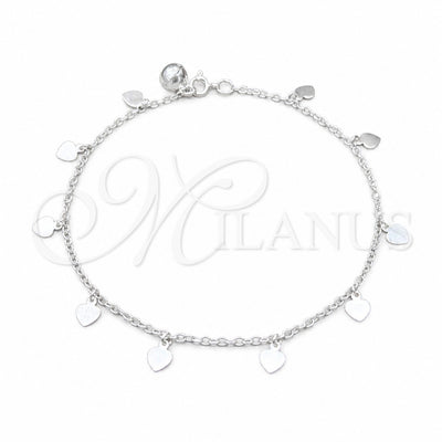 Sterling Silver Charm Anklet, Heart Design, Polished, Silver Finish, 03.409.0148.10 (03 MM Thickness, 10 Inches for wholesale, main product view